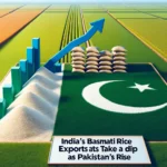 DALL·E 2024 03 01 12.48.37 Create a realistic image for a blog post depicting a field of basmati rice representing India with a declining graph symbolizing a decrease in export e1709279322501