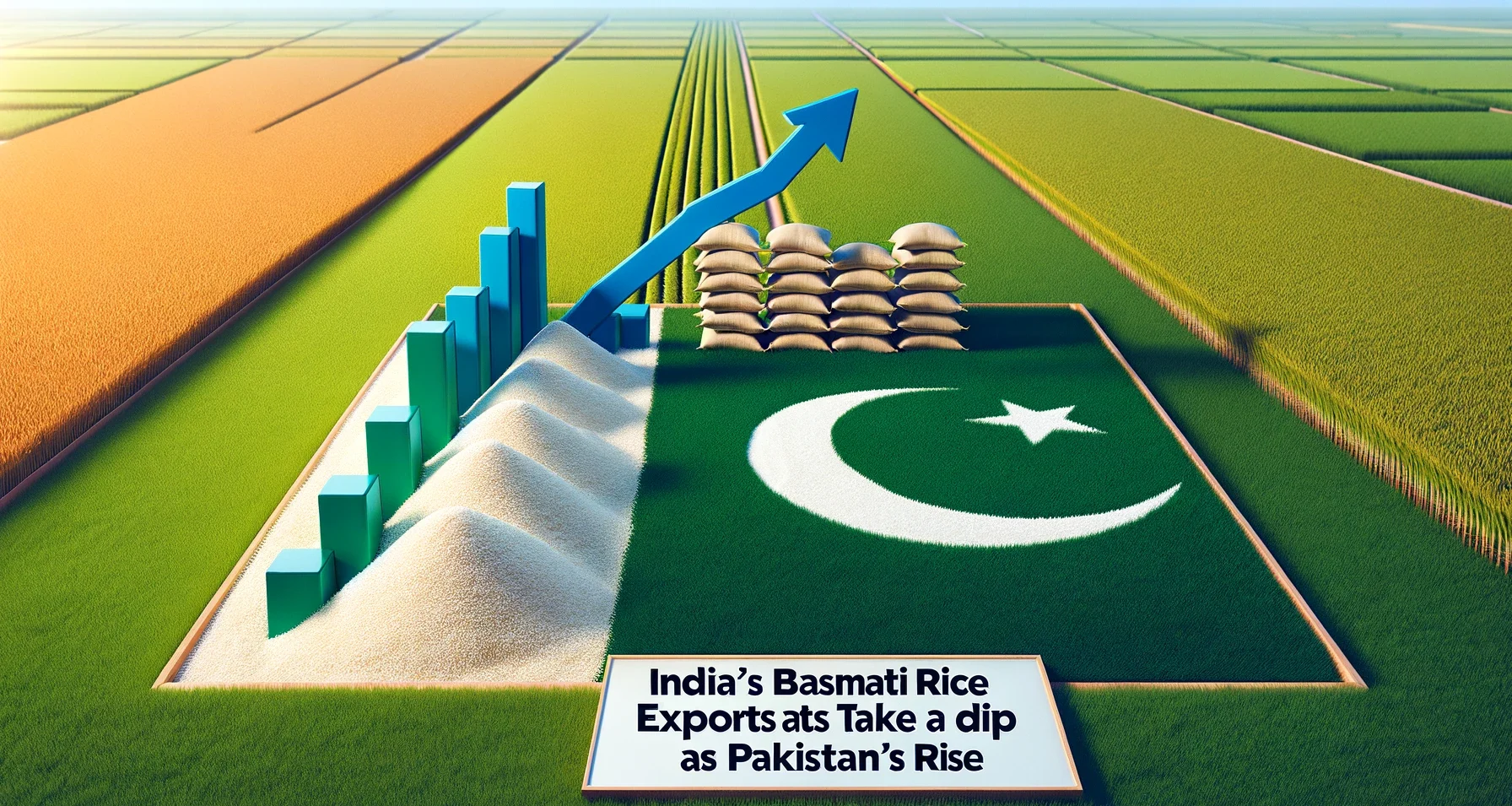 DALL·E 2024 03 01 12.48.37 Create a realistic image for a blog post depicting a field of basmati rice representing India with a declining graph symbolizing a decrease in export e1709279322501