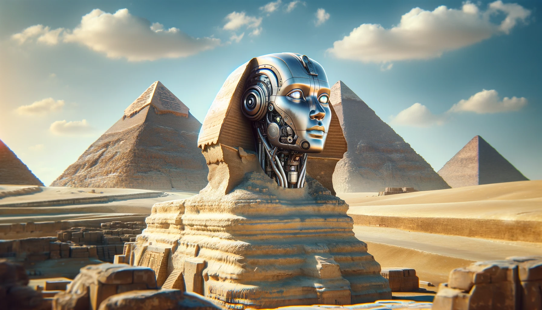 DALL·E 2024 03 01 15.20.20 Create an image showing a detailed realistic AI robot head statue in place of the Sphinx set against the backdrop of the Great Pyramids of Giza. The