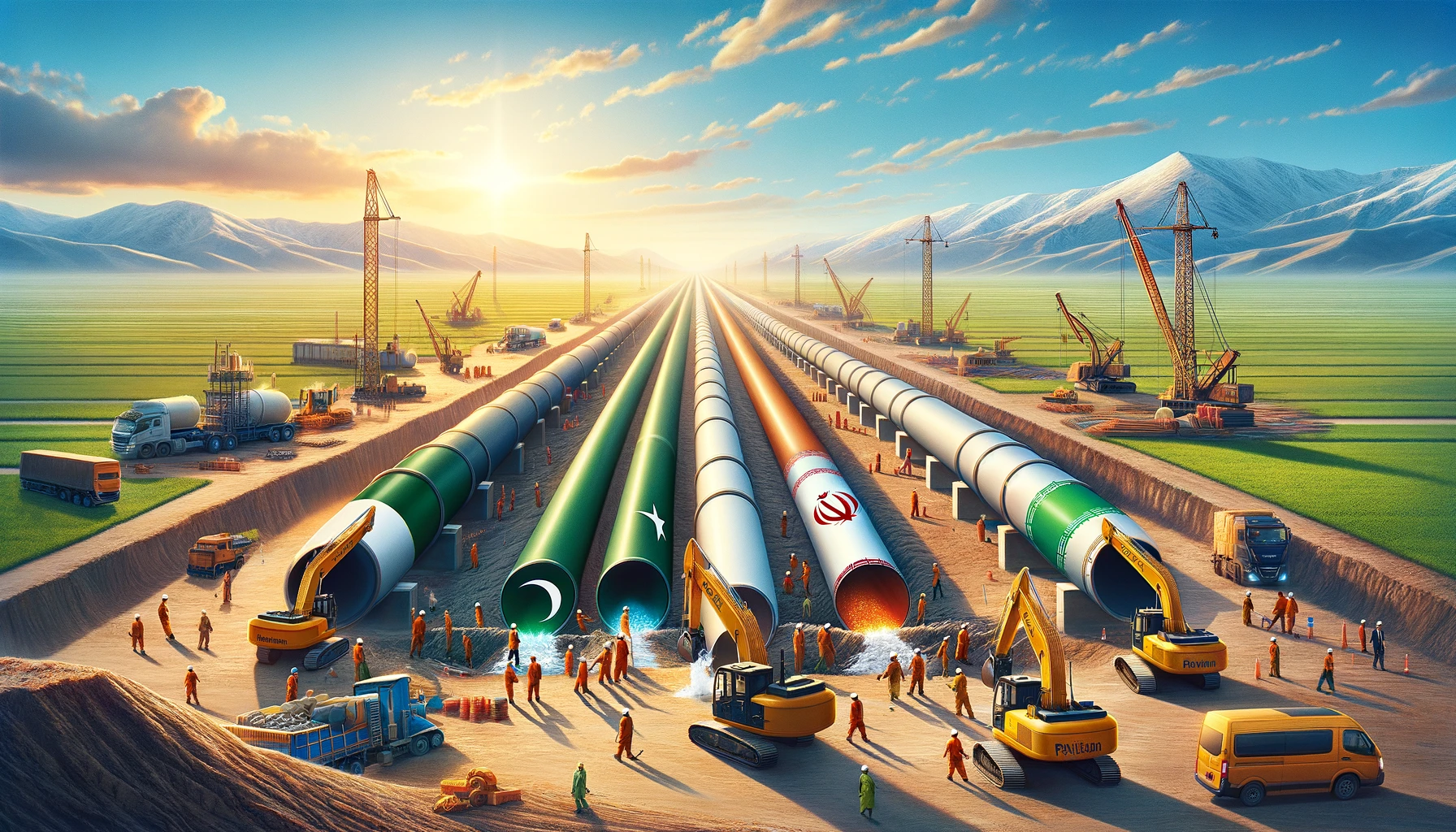 DALL·E 2024 03 02 13.47.35 Illustrate a realistic scene showing the construction of a gas pipeline stretching across a vast landscape. This time ensure the Pakistan flag is acc