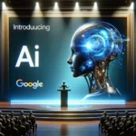 DALL·E 2024 03 02 14.10.15 Create a futuristic image of a stage presentation introducing an advanced AI technology by Google. The scene includes a realistic human presenter on s