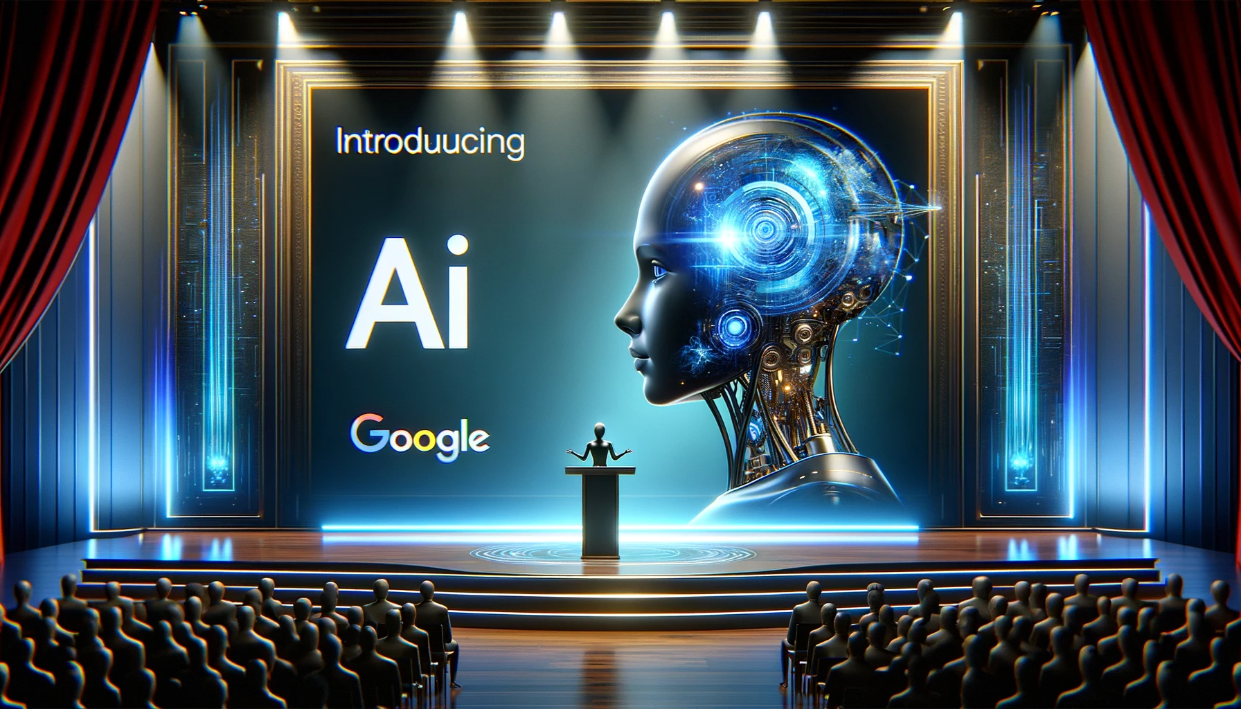 DALL·E 2024 03 02 14.10.15 Create a futuristic image of a stage presentation introducing an advanced AI technology by Google. The scene includes a realistic human presenter on s