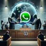 DALL·E 2024 03 02 16.28.32 A realistic courtroom scene depicting a symbolic exchange between figures representing an Israeli company and WhatsApp with a balanced and profession