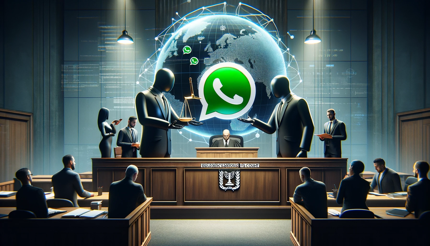 DALL·E 2024 03 02 16.28.32 A realistic courtroom scene depicting a symbolic exchange between figures representing an Israeli company and WhatsApp with a balanced and profession