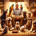 DALL·E 2024 03 02 18.31.59 Depict a charming and realistic scene focusing exclusively on pets such as dogs cats parrots and rabbits each captured in a moment of joy that re