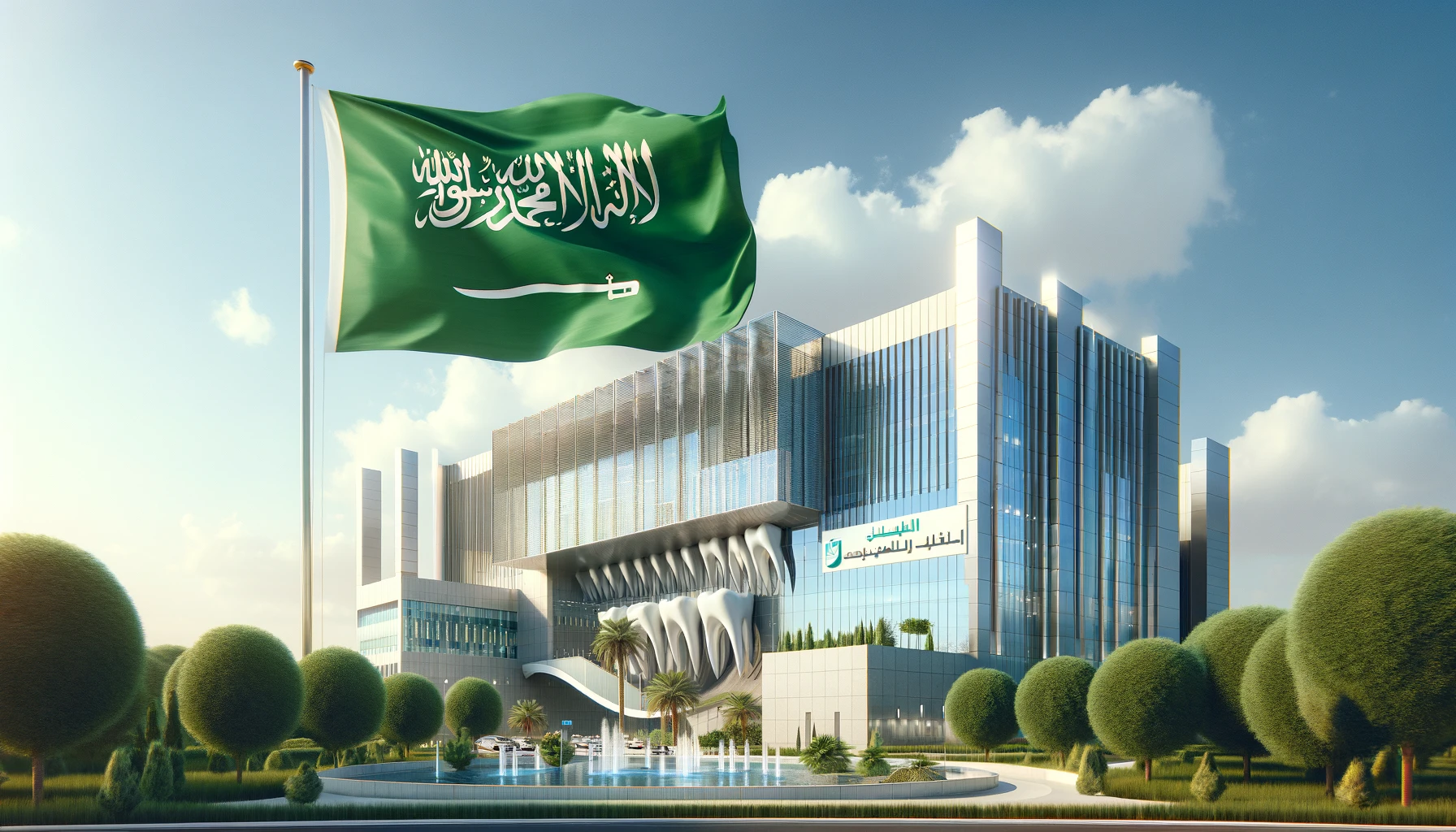 DALL·E 2024 03 02 18.54.43 An expansive modern dental hospital facade with the Saudi Arabian flag waving prominently in the foreground. The hospital is surrounded by lush green