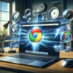 DALL·E 2024 03 04 17.33.57 A modern sleek laptop open on a desk displaying the Google Chrome logo on its screen surrounded by symbols representing speed such as a lightning b