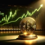 DALL·E 2024 03 05 12.59.20 A realistic and sophisticated scene featuring a prominently detailed golden Bitcoin symbol under a spotlight in the foreground. Behind it a stock mar