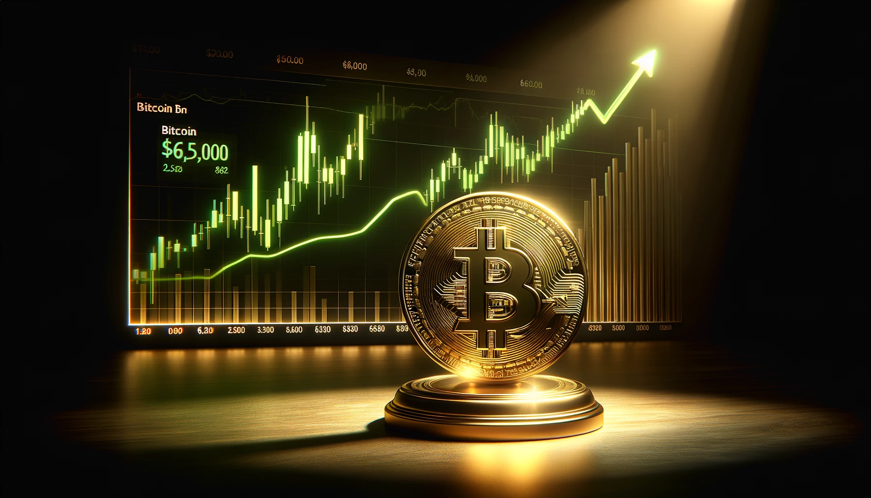 DALL·E 2024 03 05 12.59.20 A realistic and sophisticated scene featuring a prominently detailed golden Bitcoin symbol under a spotlight in the foreground. Behind it a stock mar