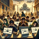 DALL·E 2024 03 08 12.42.57 Illustrate a realistic scenario where individuals in Pakistan are using VPNs to access unrestricted information on their digital devices amidst a back