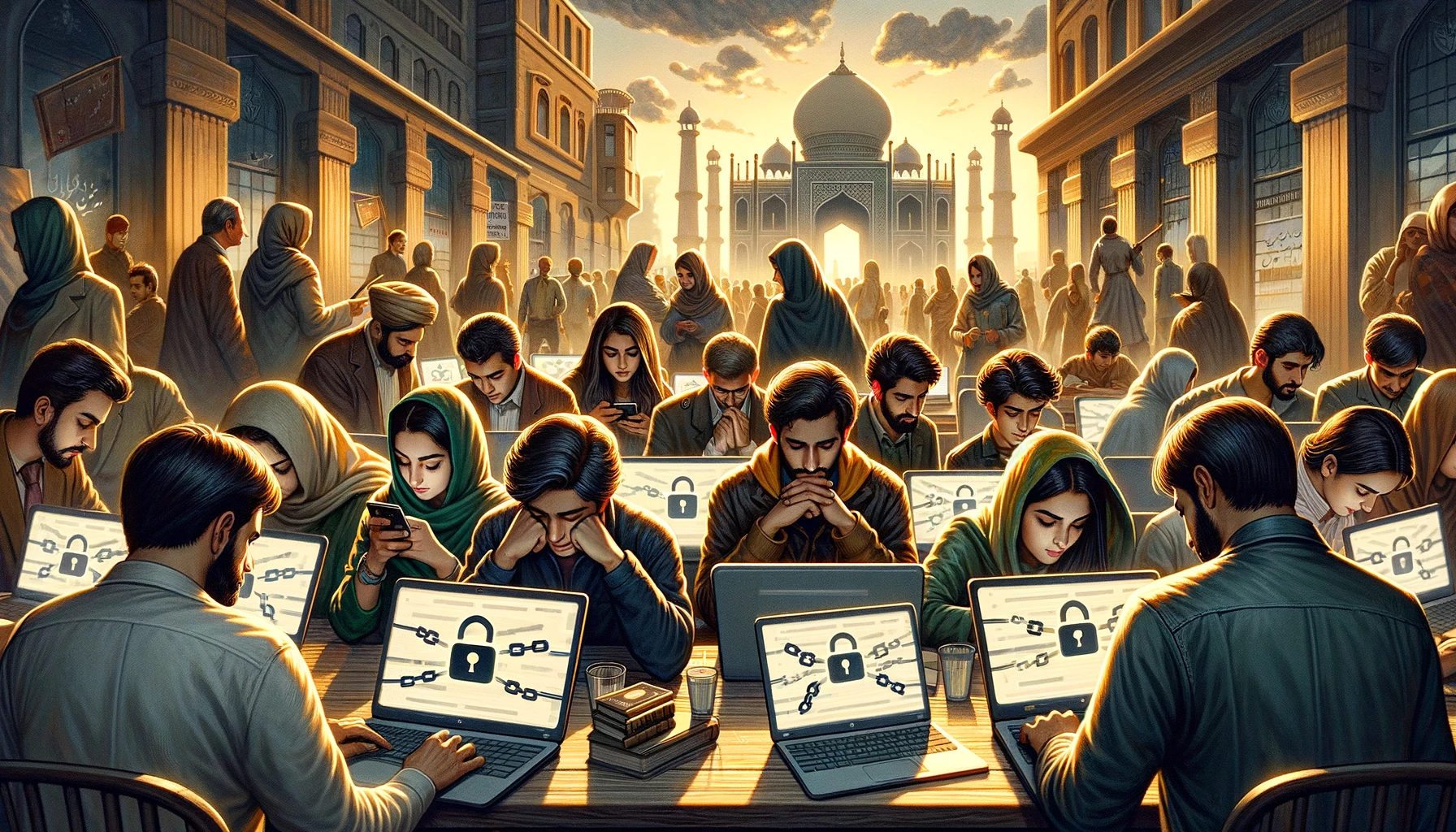 DALL·E 2024 03 08 12.42.57 Illustrate a realistic scenario where individuals in Pakistan are using VPNs to access unrestricted information on their digital devices amidst a back