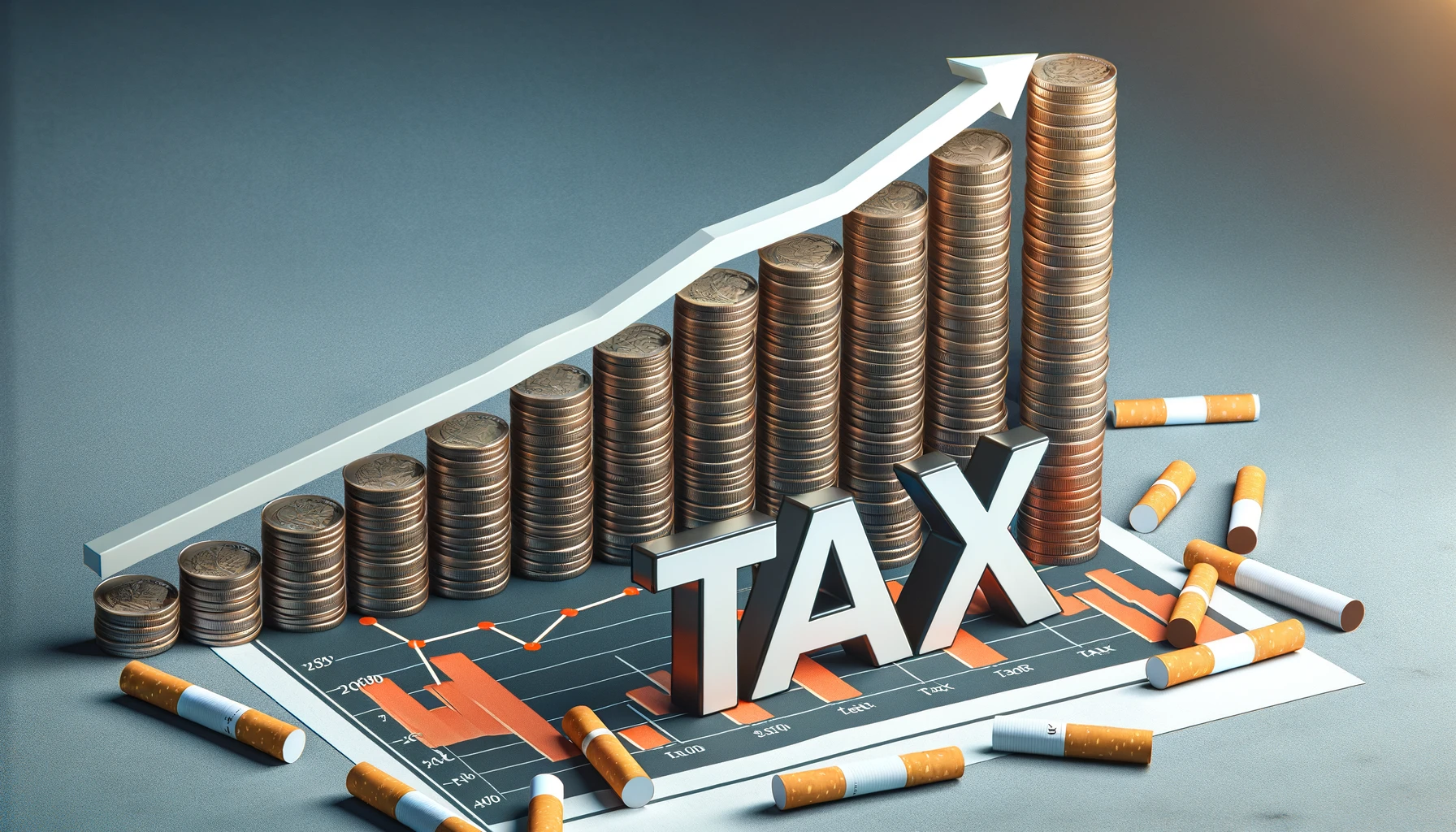 DALL·E 2024 03 08 15.10.08 Create a realistic image of a tax graph with an upward trend depicted by increasing stacks of coins behind miniature cigarette models illustrating t