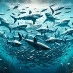 DALL·E 2024 03 09 11.30.46 Imagine a breathtaking underwater scene showcasing a group of great white sharks circling together hinting at a social gathering rather than aggressi