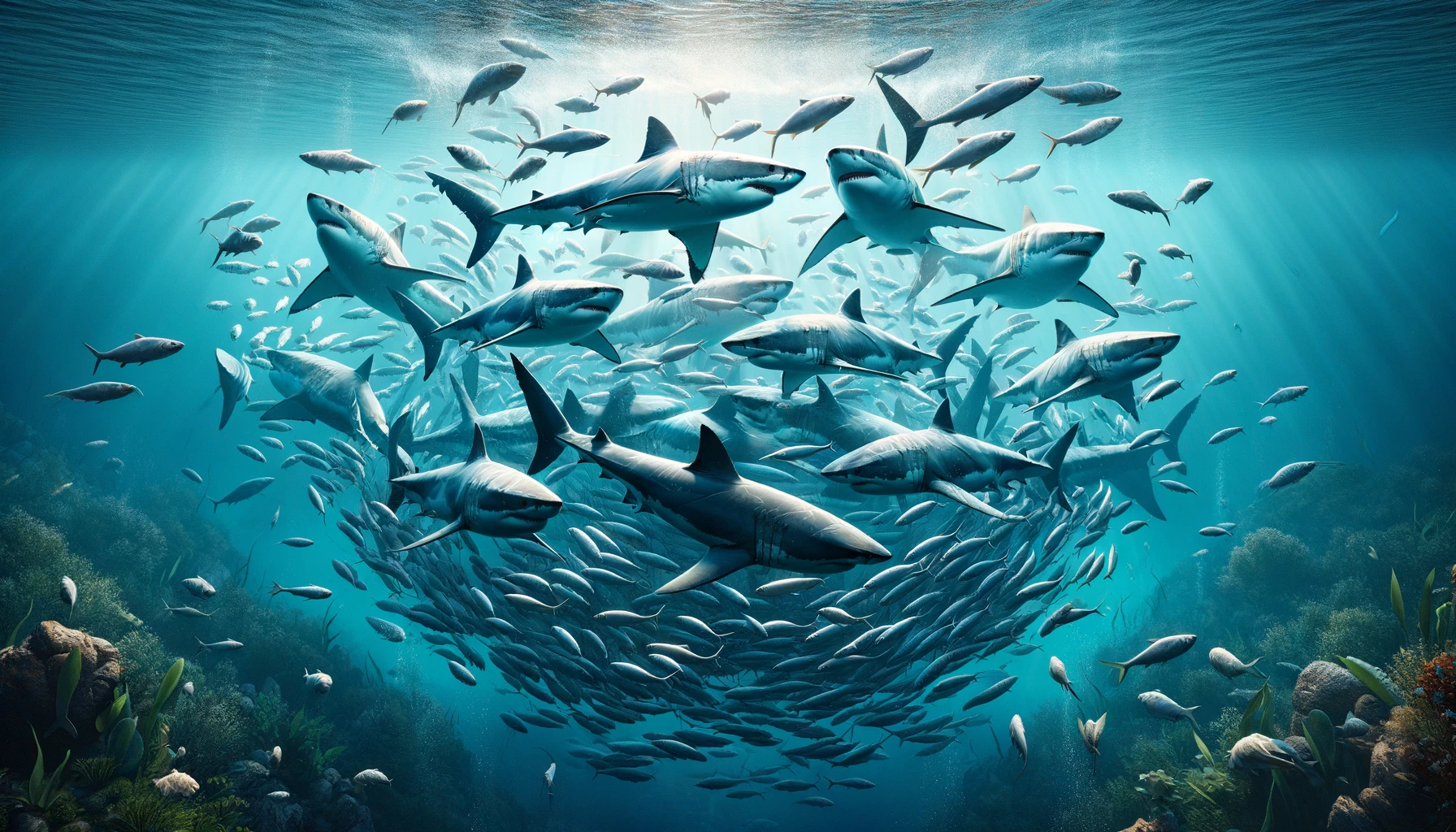 DALL·E 2024 03 09 11.30.46 Imagine a breathtaking underwater scene showcasing a group of great white sharks circling together hinting at a social gathering rather than aggressi
