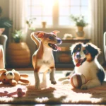 DALL·E 2024 03 09 11.41.17 Create a realistic image that depicts two dogs of different breeds playing together in a warm and inviting living room reflecting happiness and good