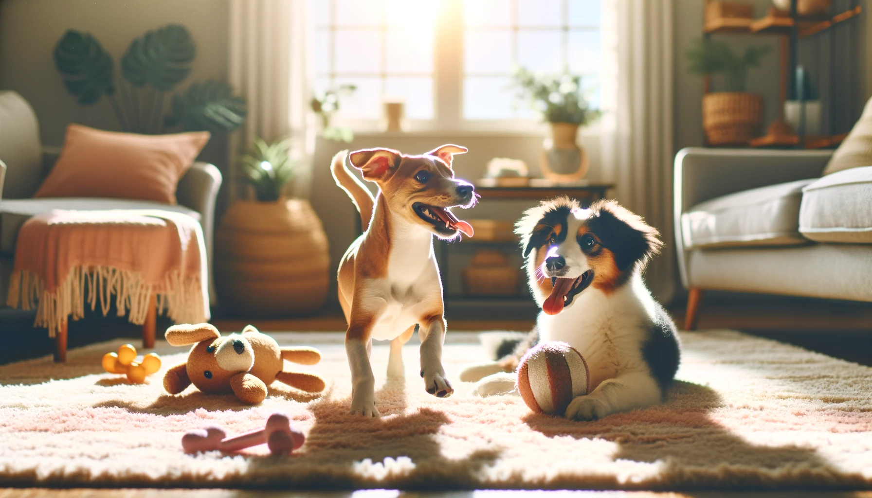 DALL·E 2024 03 09 11.41.17 Create a realistic image that depicts two dogs of different breeds playing together in a warm and inviting living room reflecting happiness and good