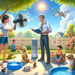 DALL·E 2024 03 09 11.47.35 Visualize a caring scenario during a heat wave aimed at pet safety focusing on a veterinarian advising a family in a backyard setting. The vet shown