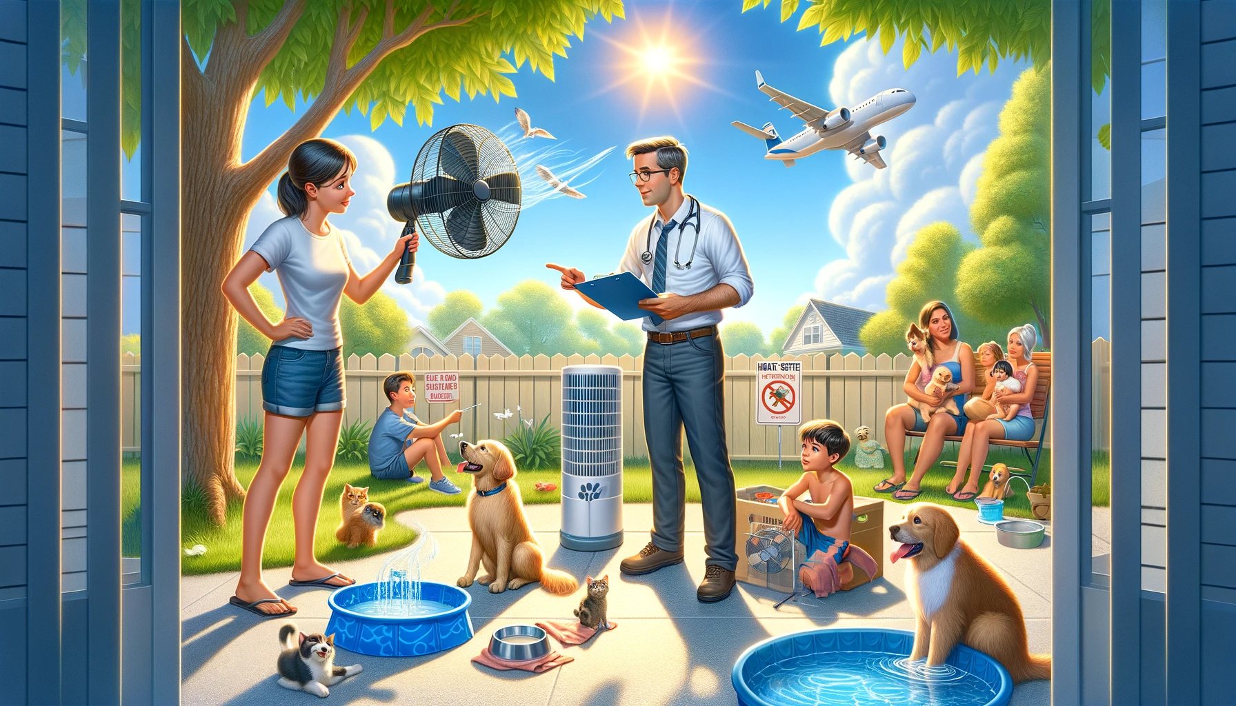 DALL·E 2024 03 09 11.47.35 Visualize a caring scenario during a heat wave aimed at pet safety focusing on a veterinarian advising a family in a backyard setting. The vet shown