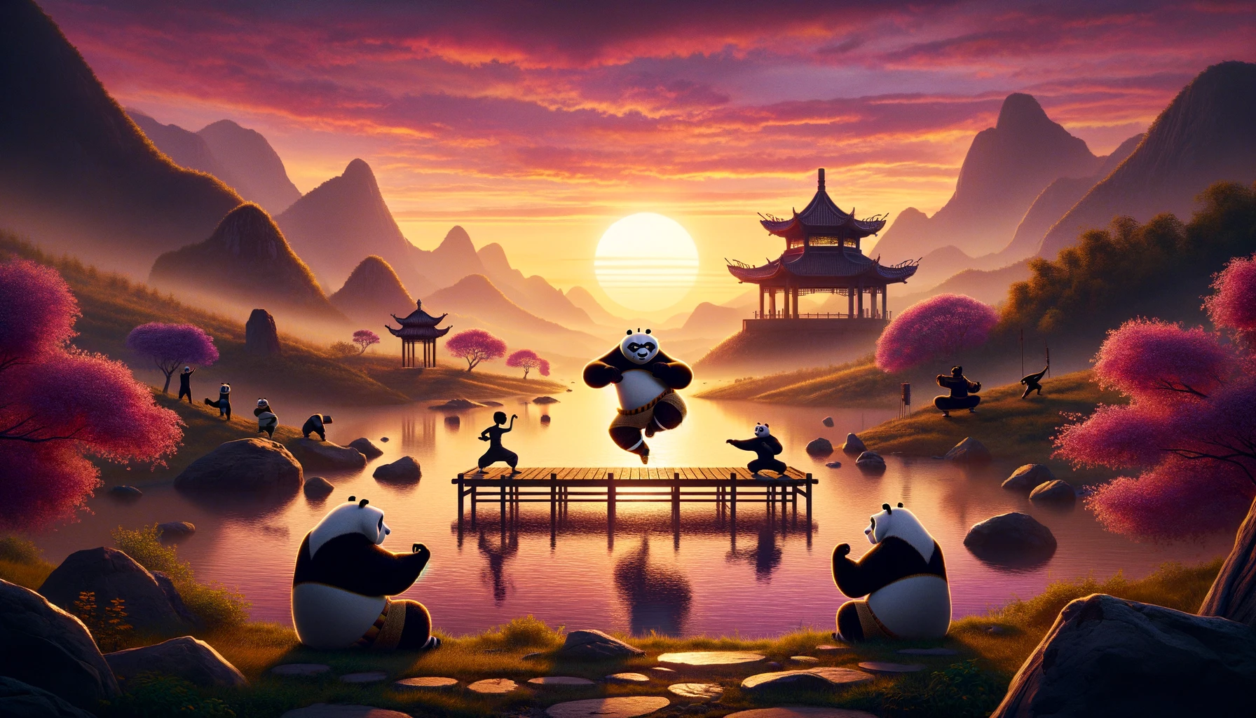DALL·E 2024 03 09 12.07.10 Create a realistic image inspired by the thematic elements of Kung Fu Panda 4 featuring a picturesque Chinese landscape at sunset with rolling hill