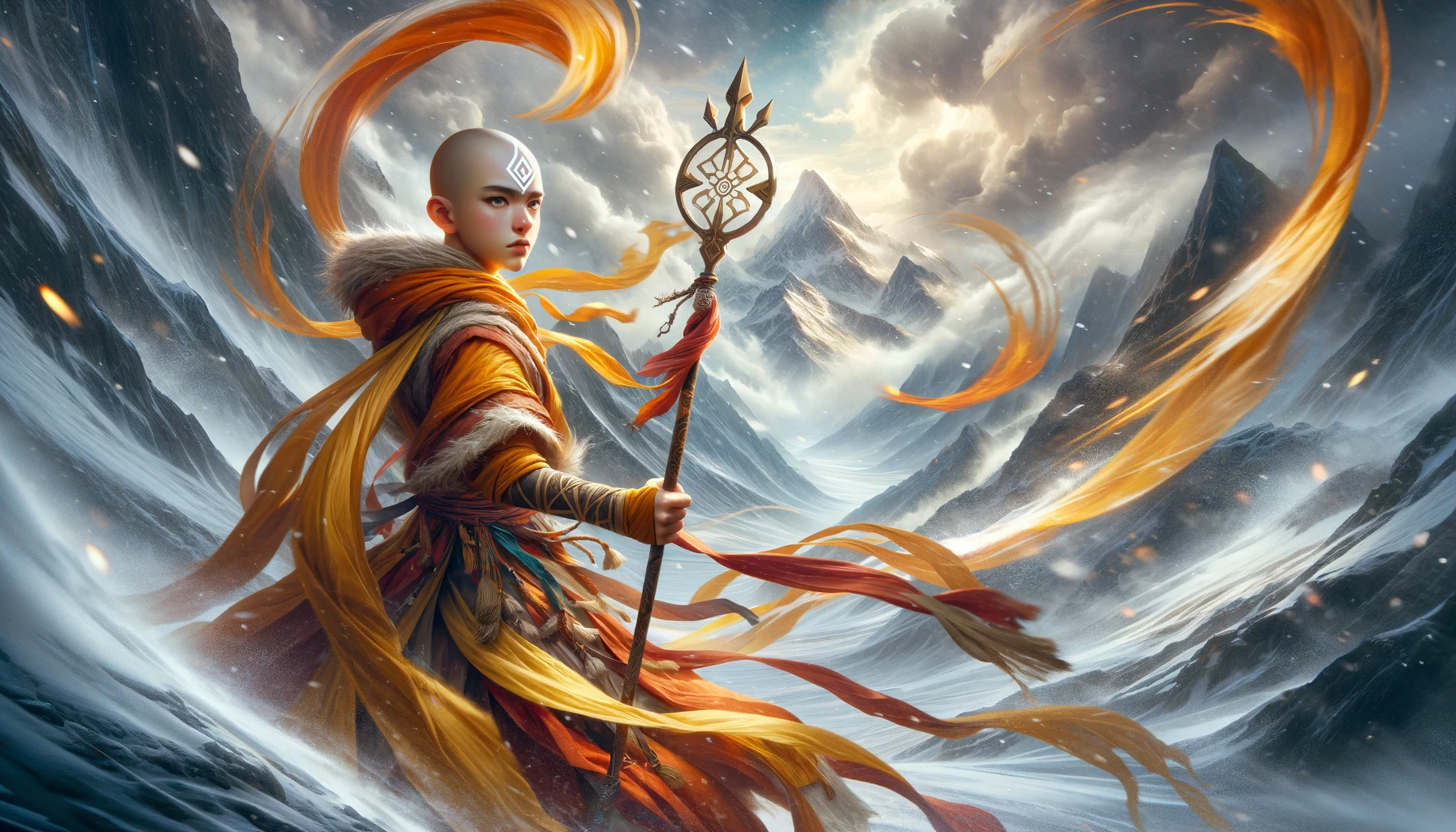 DALL·E 2024 03 09 12.24.40 Create a captivating and dynamic image inspired by the theme of elemental control and adventure. The image should feature a young fictional monk lik