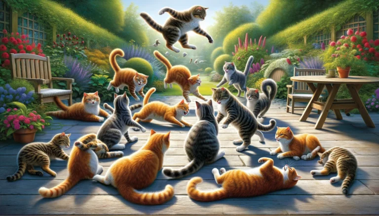 DALL·E 2024 03 09 14.38.29 Create a realistic image that captures a whimsical and playful scene of cats engaging in kidding around embodying the joy and playfulness of feline c