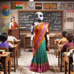 DALL·E 2024 03 11 13.51.01 Create a realistic image depicting a classroom setting in India with a humanoid robot dressed in traditional Indian attire acting as a teacher. The r