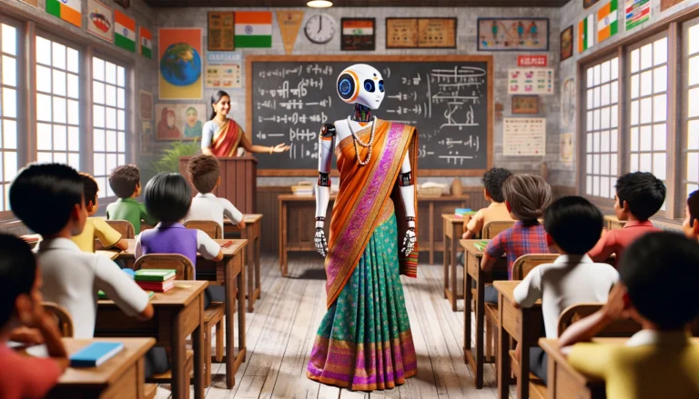 DALL·E 2024 03 11 13.51.01 Create a realistic image depicting a classroom setting in India with a humanoid robot dressed in traditional Indian attire acting as a teacher. The r