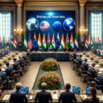 DALL·E 2024 03 11 13.55.47 Create a realistic image showing a grand signing ceremony for a major trade deal between India and four European countries. The setting is a large el