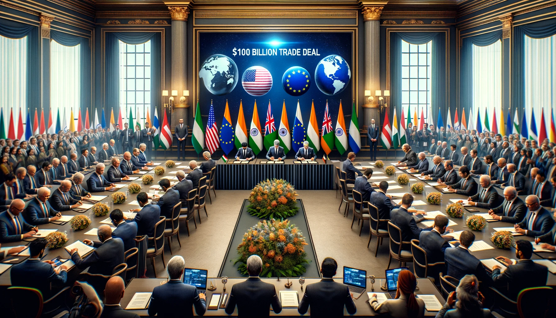 DALL·E 2024 03 11 13.55.47 Create a realistic image showing a grand signing ceremony for a major trade deal between India and four European countries. The setting is a large el